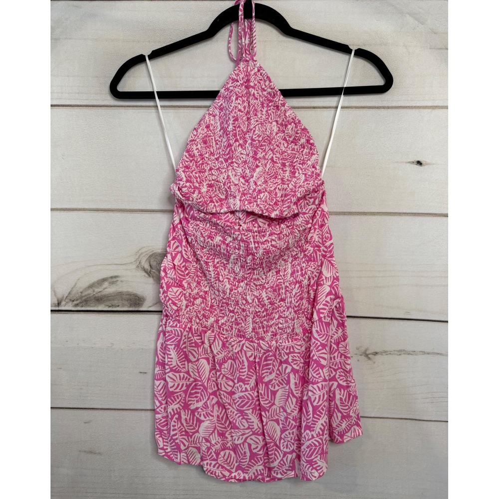 Mixology Amira Mini Dress Pink White Tropical Leaf‎ Halter Smocked SM-D20224A